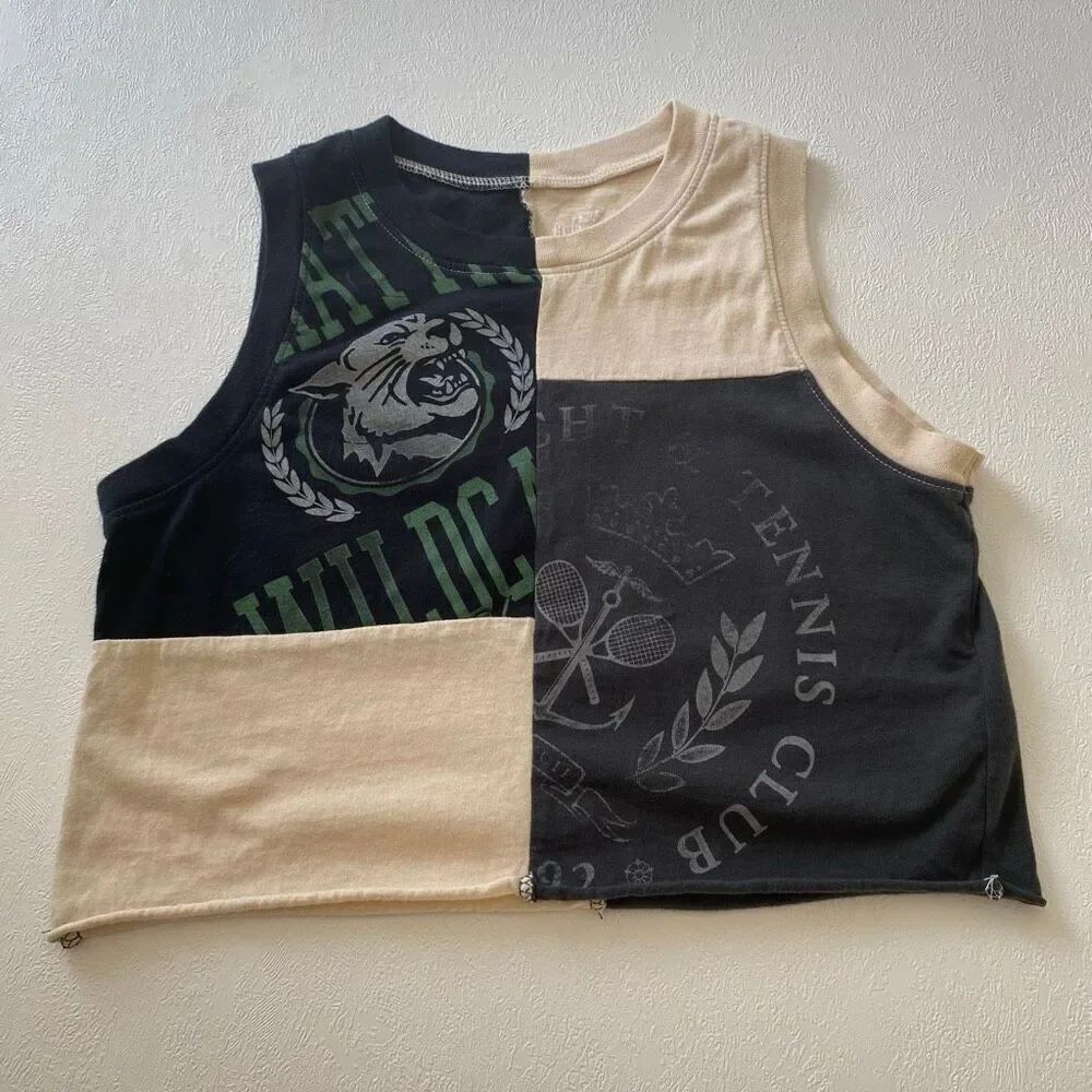 Hollister Patchwork Crop Tank Top XS Reworked Style Colorblock Graphic Tee Cutof